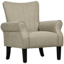 Beige Upholstered Accent Chair with High Back and Rolled Arms