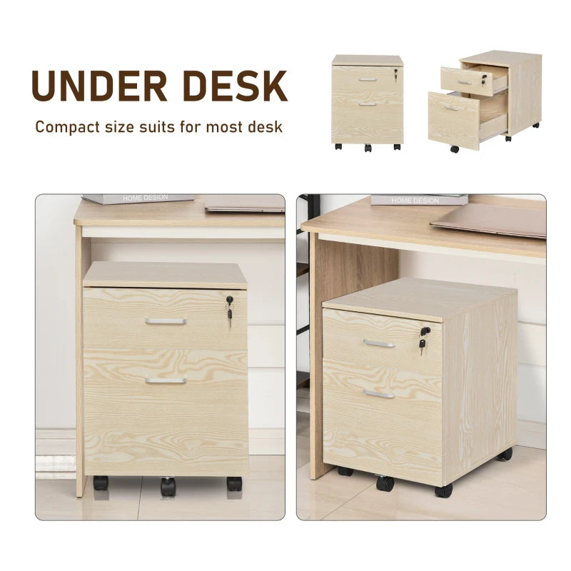 Oak Wood Grain 2-Drawer Locking Filing Cabinet with Wheels