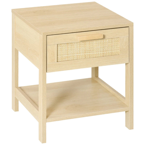 Rattan Drawer Nightstand with Storage Shelf - White