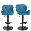 Blue Velvet Bar Stools Set of 2 - Metal Frame, Adjustable Height Swivel