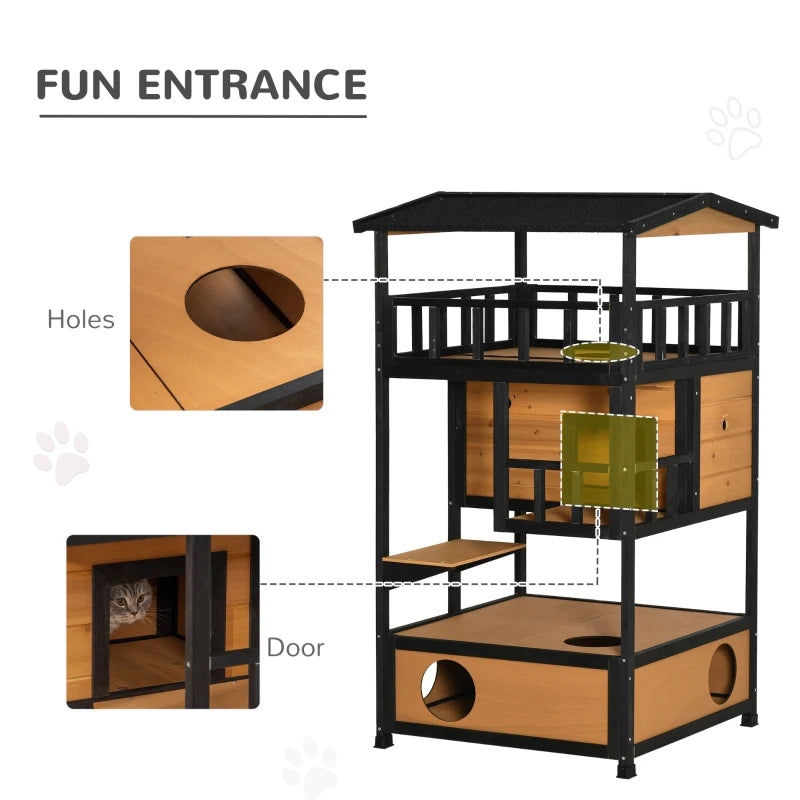 Yellow Wooden 3-Tier Outdoor Cat House with Tilted Roof & Waterproof Paint