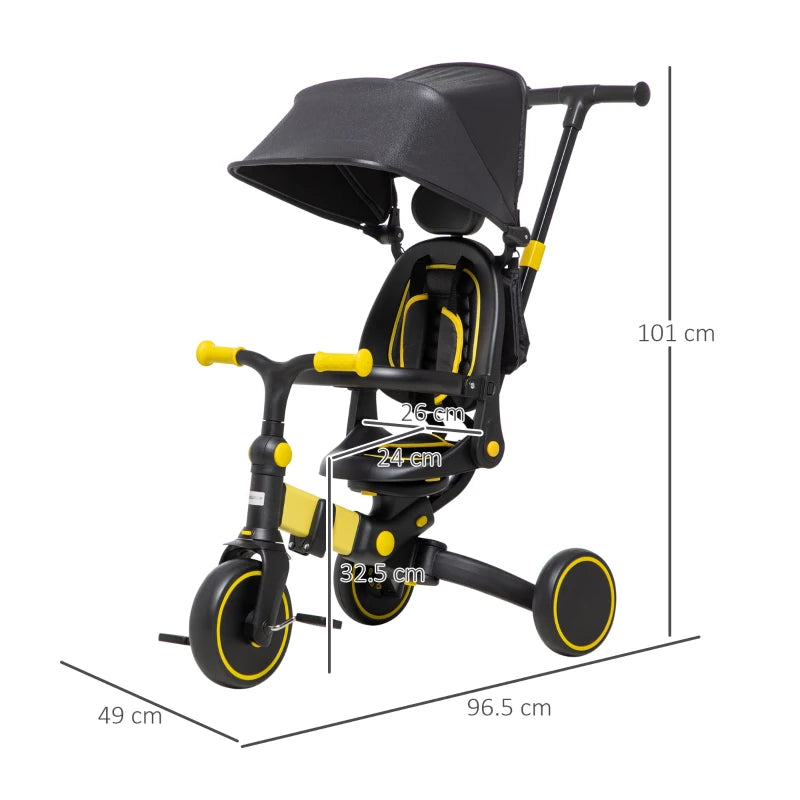 Yellow 3-in-1 Kids Tricycle with Parent Handle