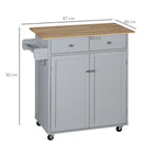 Grey Rolling Kitchen Island Cart with Rubber Wood Top and Storage