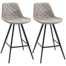 Grey Microfiber Bar Stools Set of 2 - Padded Steel Frame Footrest - Quilted Kitchen Chairs