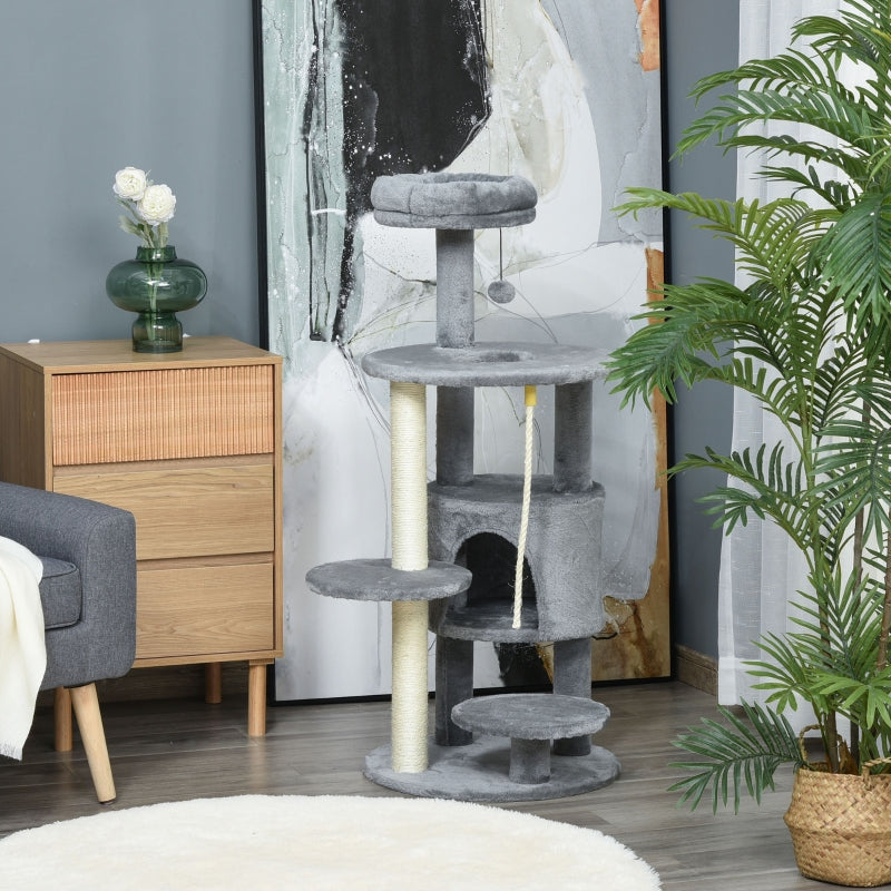 Dark Grey Cat Tree Tower with Toy Ball and Teasing Rope
