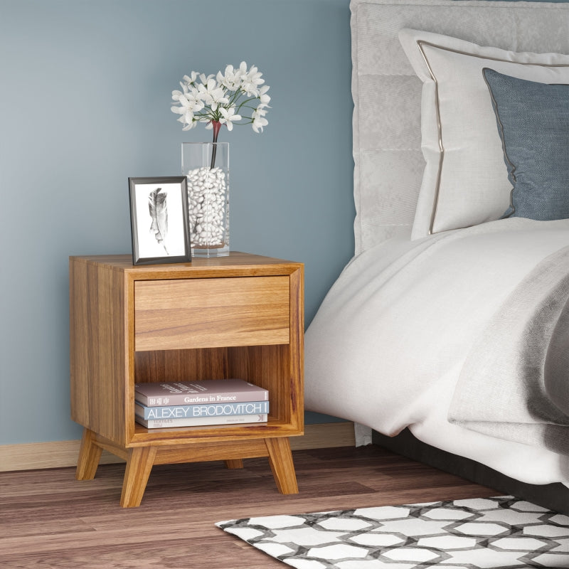 Modern Walnut Brown Bedside Table with Drawer and Shelf