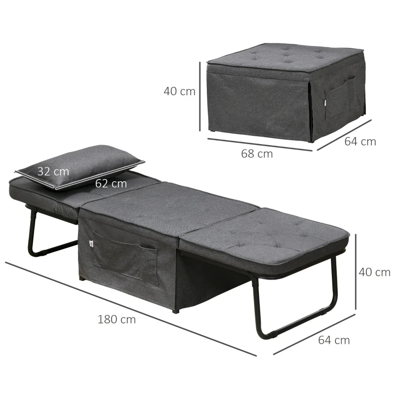 Charcoal Grey Fabric Sleeper Chair with Adjustable Backrest and Side Pockets