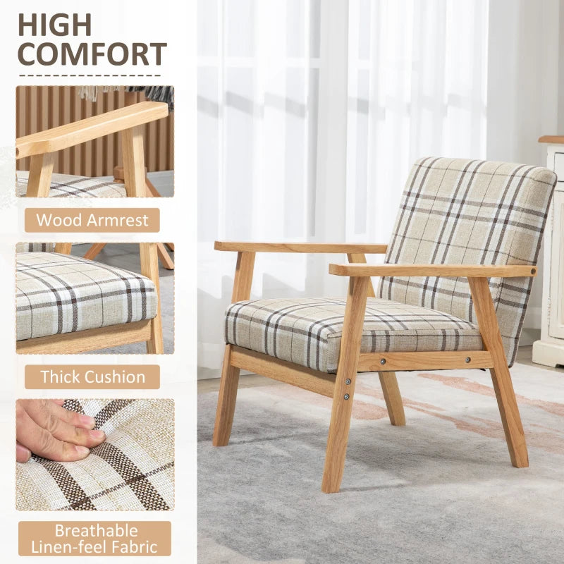 Beige Linen One Seater Sofa with Armrests and Lattice Pattern