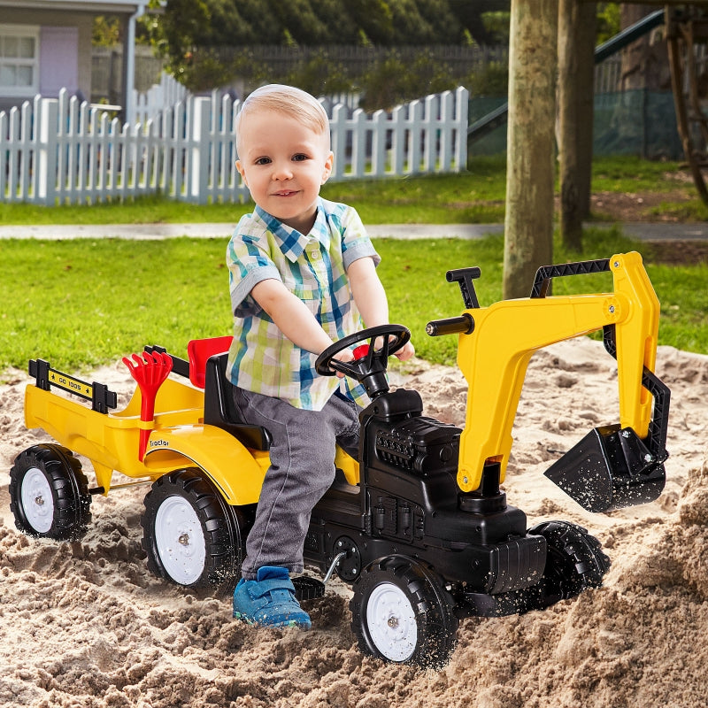Yellow Kids Ride-On Construction Car with Horn and Trailer