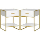 White and Gold Modern Bedside Tables with Drawer Shelf, Set of 2