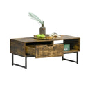 Rustic Brown Industrial Coffee Table with Storage Shelf and Drawer
