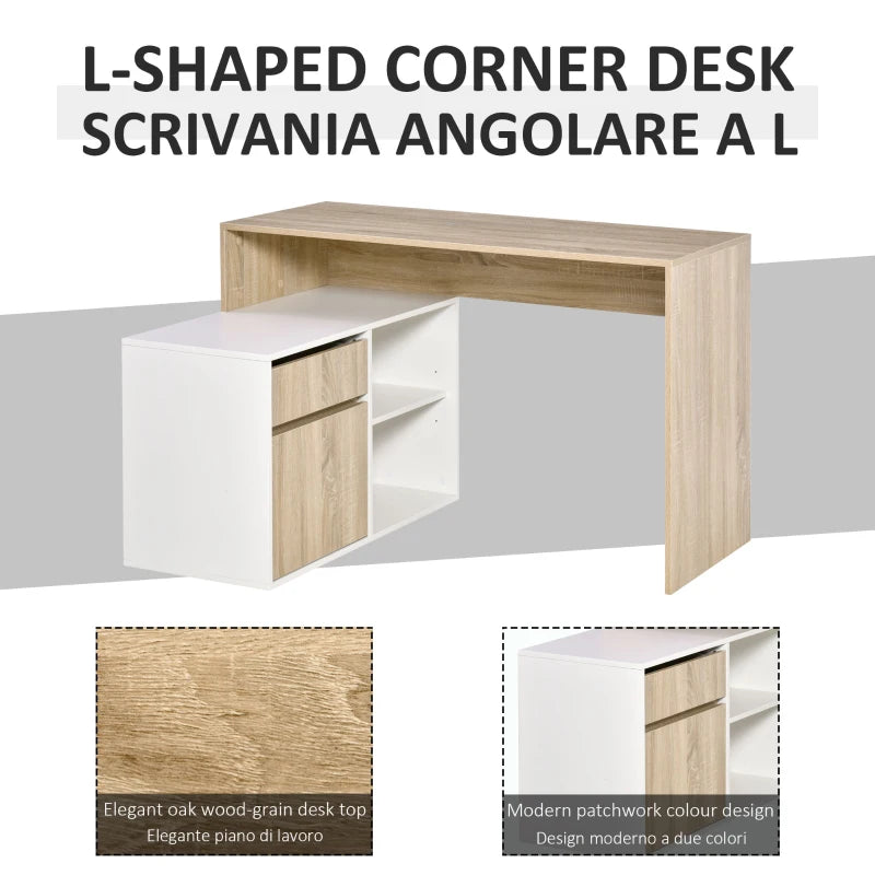 Oak and White L-Shaped Corner Computer Desk with Storage Drawer