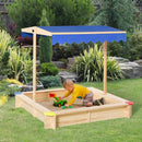 Kids Square Wooden Sand Pit with Canopy Bench Seat - Blue