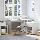 Grey and White L-Shaped Corner Desk with Drawers and Shelves