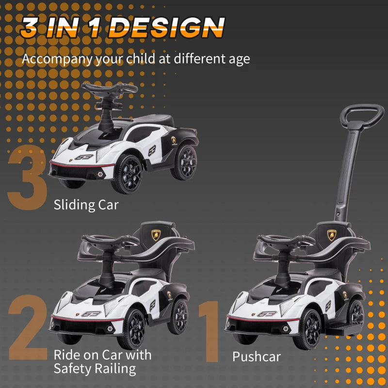 White Toddler Push Car with Parent Handle and Steering Wheel