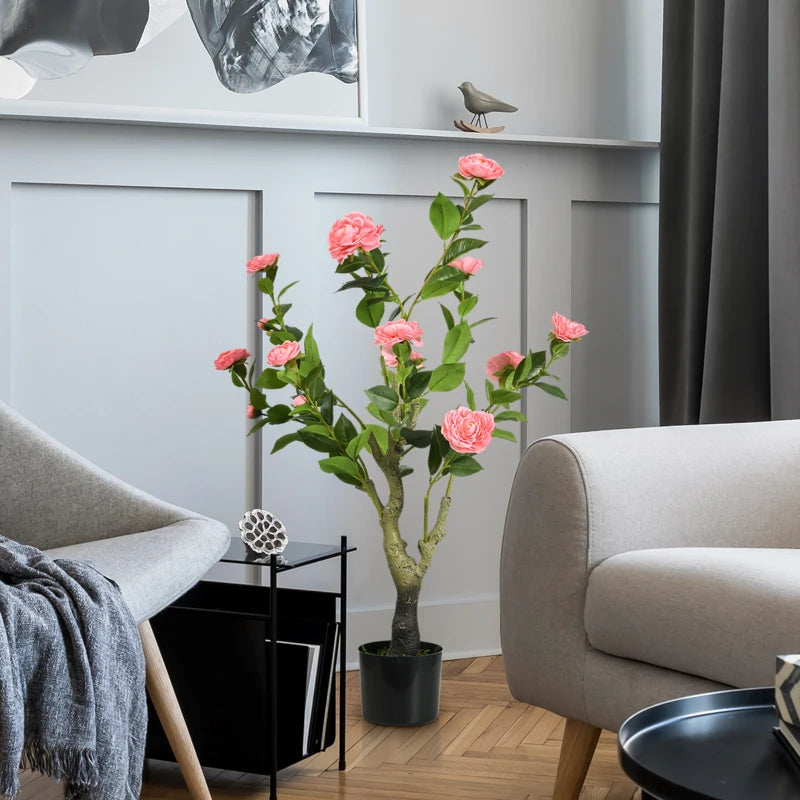Artificial Pink Camellia Flower in Pot, Indoor Outdoor Fake Plant, 95cm