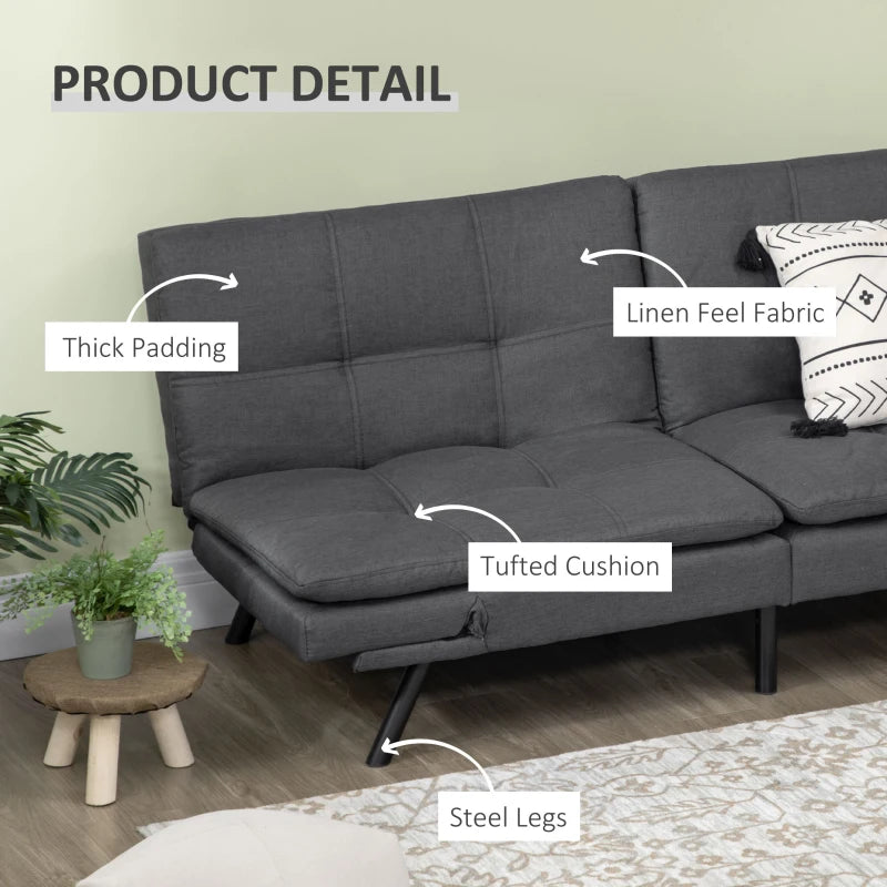 Grey Tufted 3 Seater Sofa Bed with Adjustable Armrests and Backrest