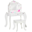 Kids White Vanity Table & Stool Set with Rotatable Mirrors - Star & Heart Pattern