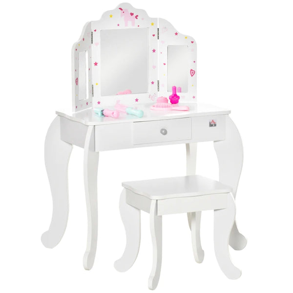Kids White Vanity Table & Stool Set with Rotatable Mirrors - Star & Heart Pattern