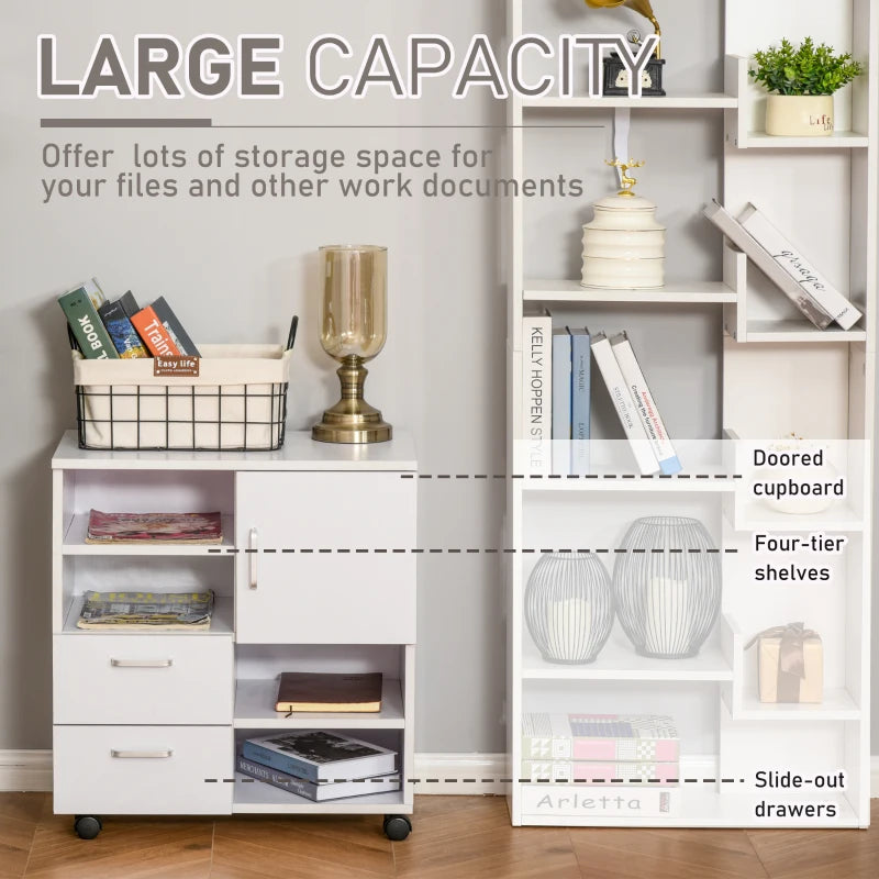 White Mobile Printer Stand with Shelves and Drawers, Printer Table on Wheels - 60x35x65cm