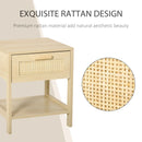 Rattan Drawer Nightstand with Storage Shelf - White