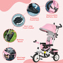 Pink 6-in-1 Kids Trike with Push Handle, Canopy, Safety Belt, Storage, Footrest, Brake