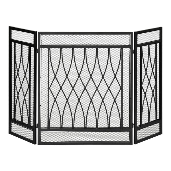 Black Metal Mesh Fireplace Screen - 3-Panel, 126 x 3 x 80 cm