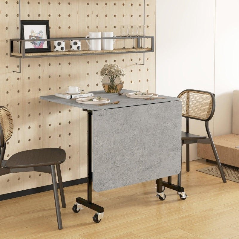 Grey Drop Leaf Folding Dining Table, Metal Frame, Rolling Kitchen Table, 120cm