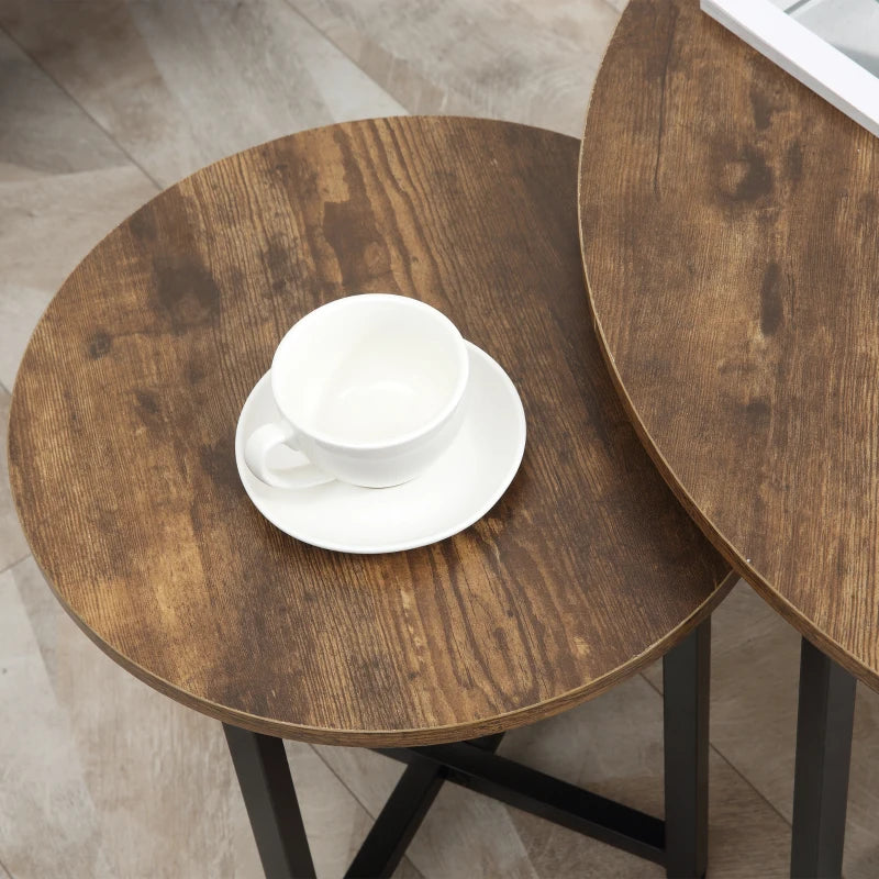 Rustic Brown Metal Frame Round Coffee Table Set - Industrial Side Tables for Living Room