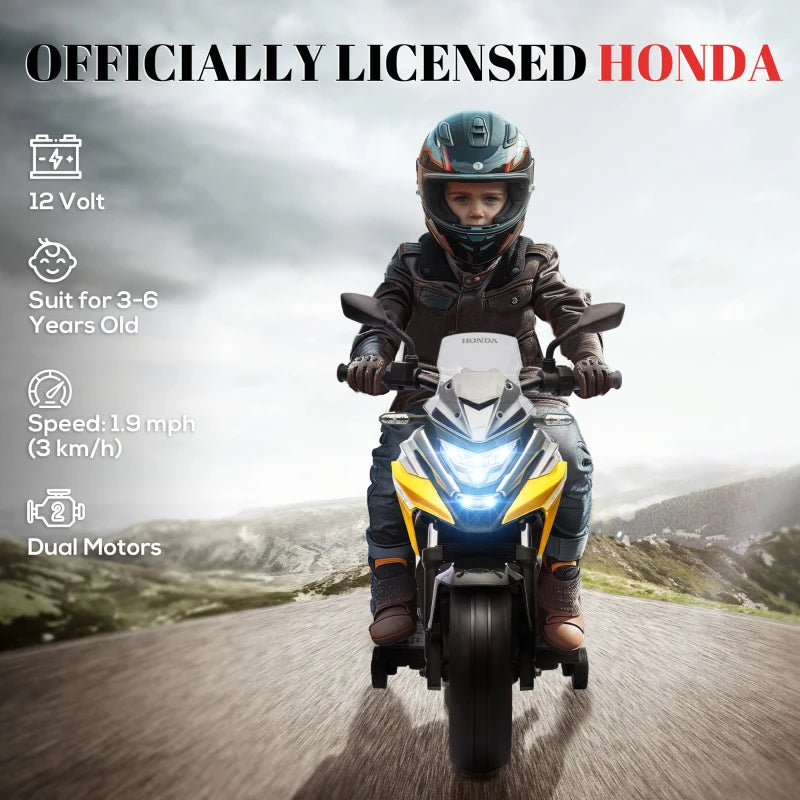 12V Yellow Kids Electric Motorbike with Music & Headlights - Honda Licensed