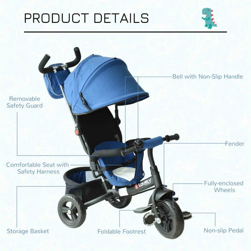 Blue 4-in-1 Kids Tricycle with Parent Handle, Canopy, and Safety Belt