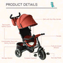 Red 4-in-1 Kids Tricycle with Parent Handle and Canopy