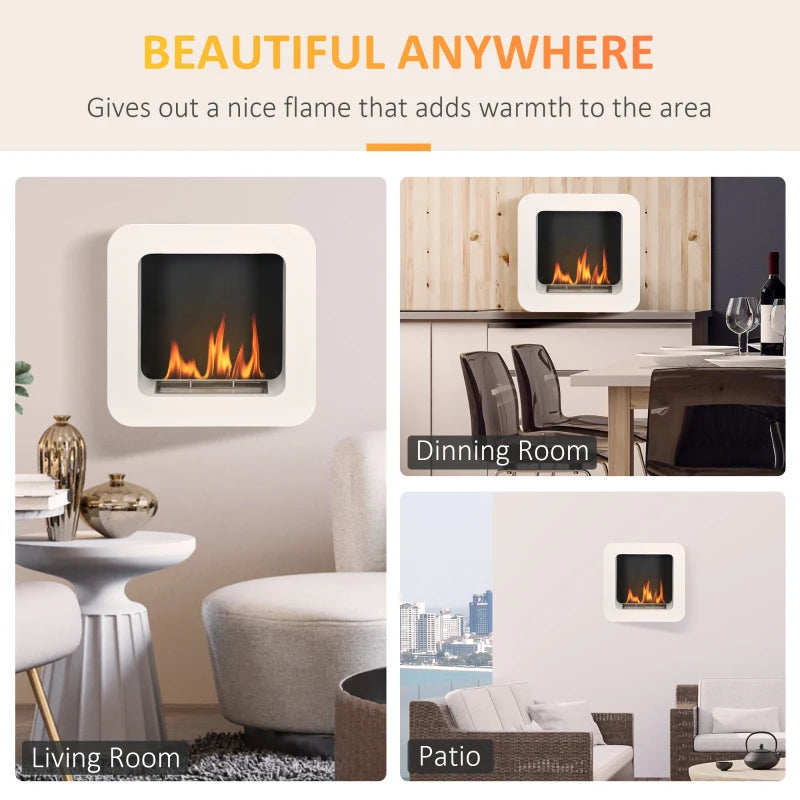 White Wall Mounted Bioethanol Fireplace - 1L Tank, 2.5 Hour Burn Time