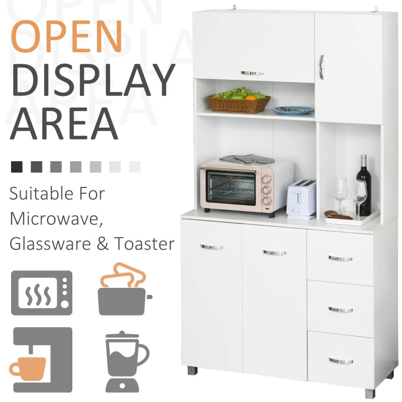 White Kitchen Storage Cabinet with Drawers and Shelves