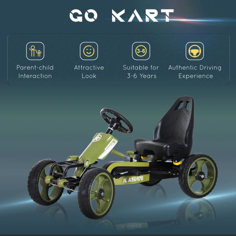 Green Kids Pedal Go Kart with Adjustable Seat and Braking System