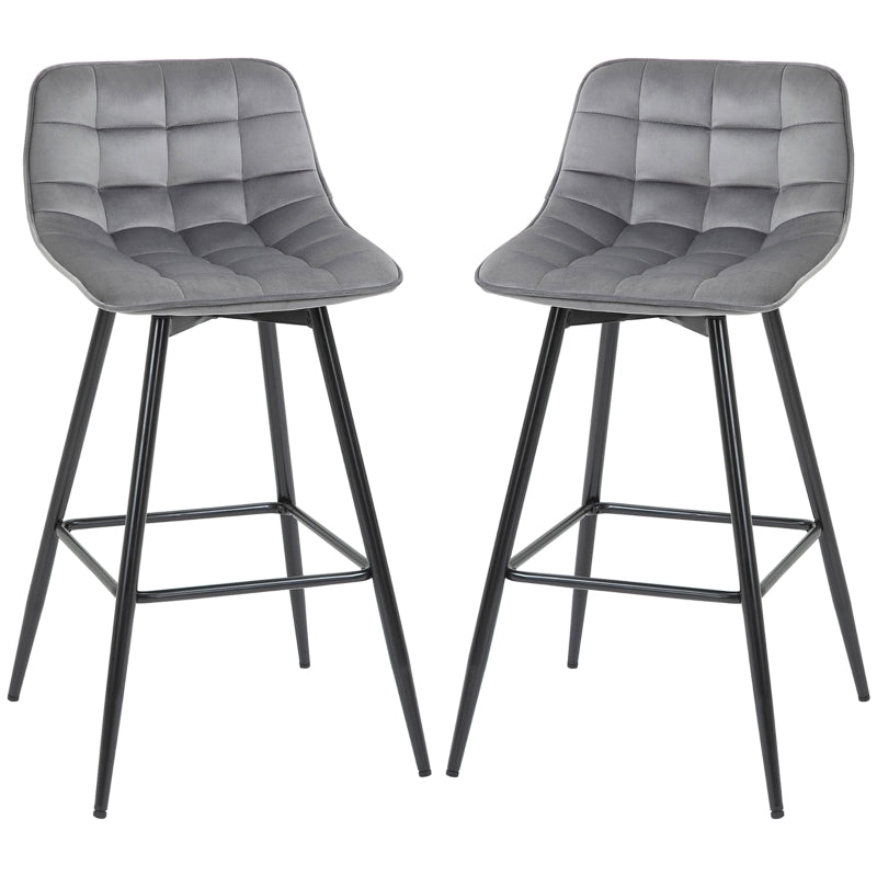 Grey Velvet Bar Stool Set - 2 Upholstered Kitchen Counter Chairs