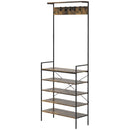 Rustic Brown Industrial Coat Stand with Shoe Storage and 5 Hooks