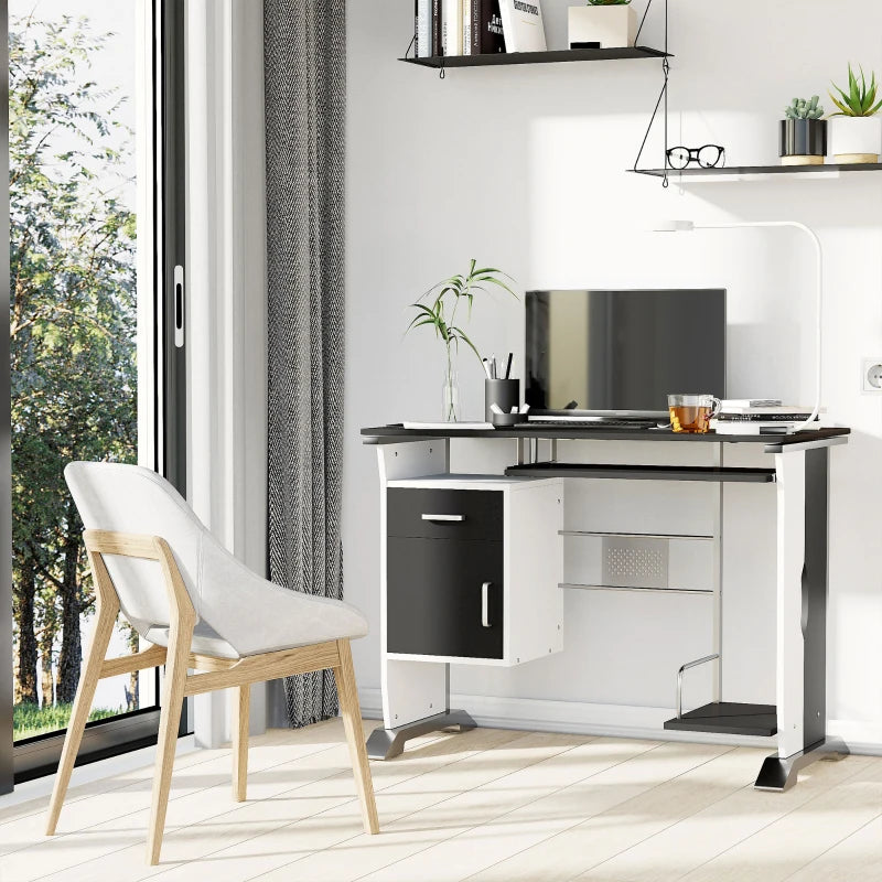 Black Computer Desk with Keyboard Tray and Storage Drawers, Home Office Workstation