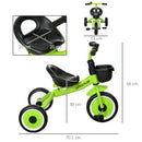 Green Kids Trike with Adjustable Seat, Basket & Bell - Ages 2-5