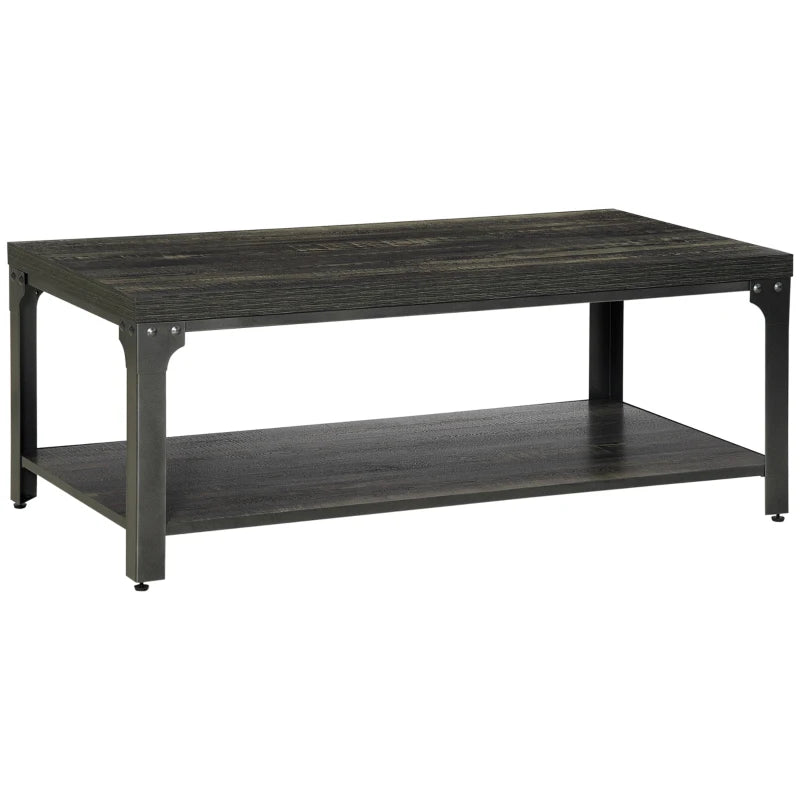 Rustic Dark Walnut Coffee Table with Storage Shelf and Steel Frame