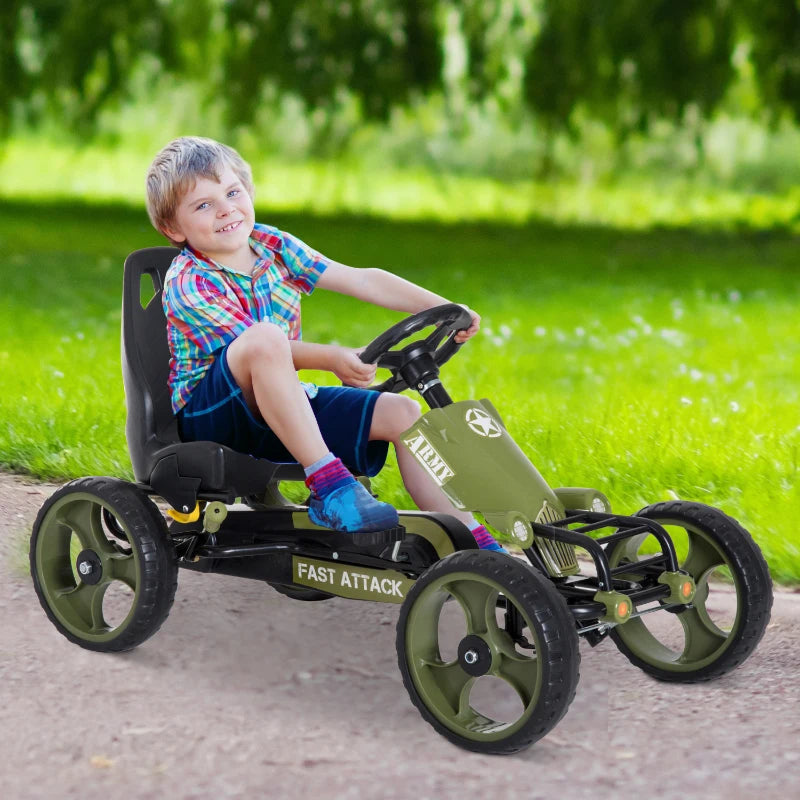 Green Kids Pedal Go Kart with Adjustable Seat and Braking System