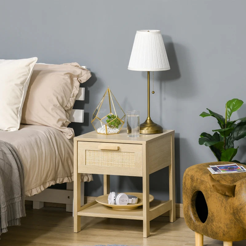 Rattan Drawer Nightstand with Storage Shelf - White
