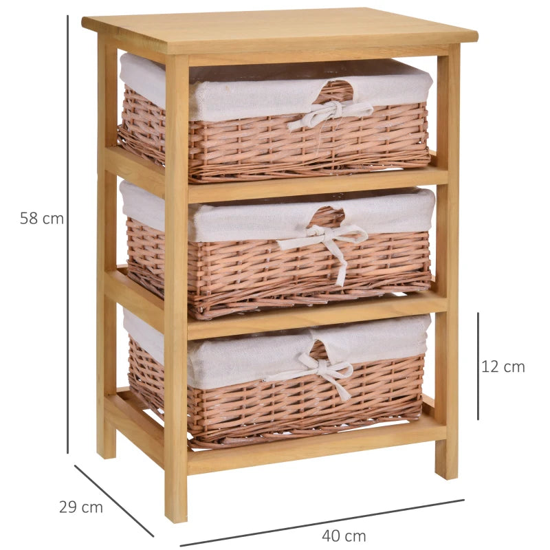 3-Drawer Wicker Basket Storage Shelf - Natural Wood Organizer