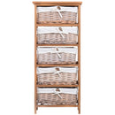 5-Drawer Wicker Basket Storage Unit - Natural Wood Finish
