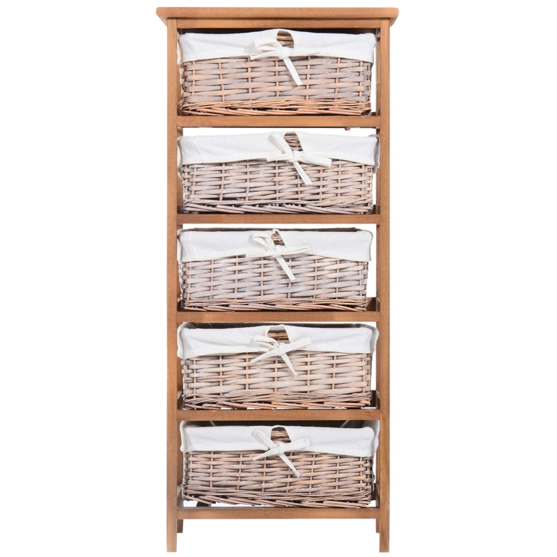 5-Drawer Wicker Basket Storage Unit - Natural Wood Finish