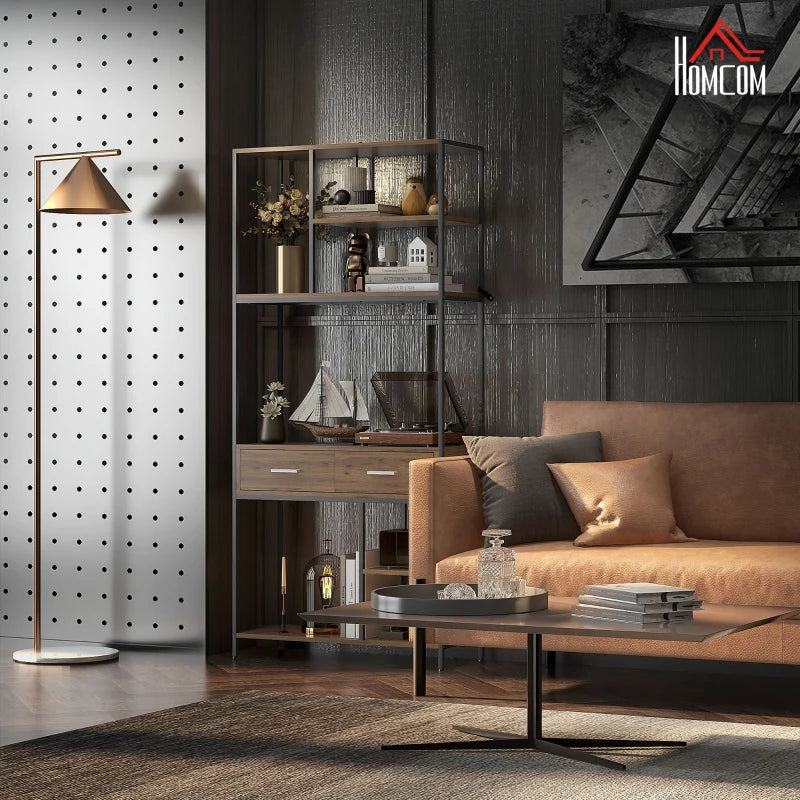 Seven-Shelf Industrial Display Shelf with Drawers - Brown/Black