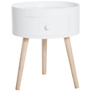 White Round Side Table with Drawer and Wood Legs