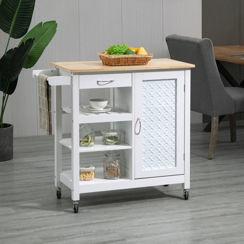 White Kitchen Trolley with Embossed Door Panel and 3 Shelves