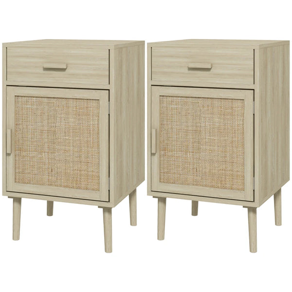 Rattan Boho Bedside Tables Set of 2, Natural Wood Effect