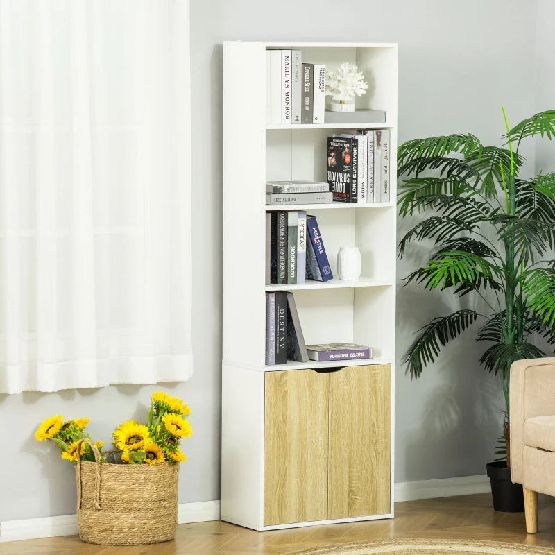 6-Tier White and Oak Bookcase with Double Door Cabinet